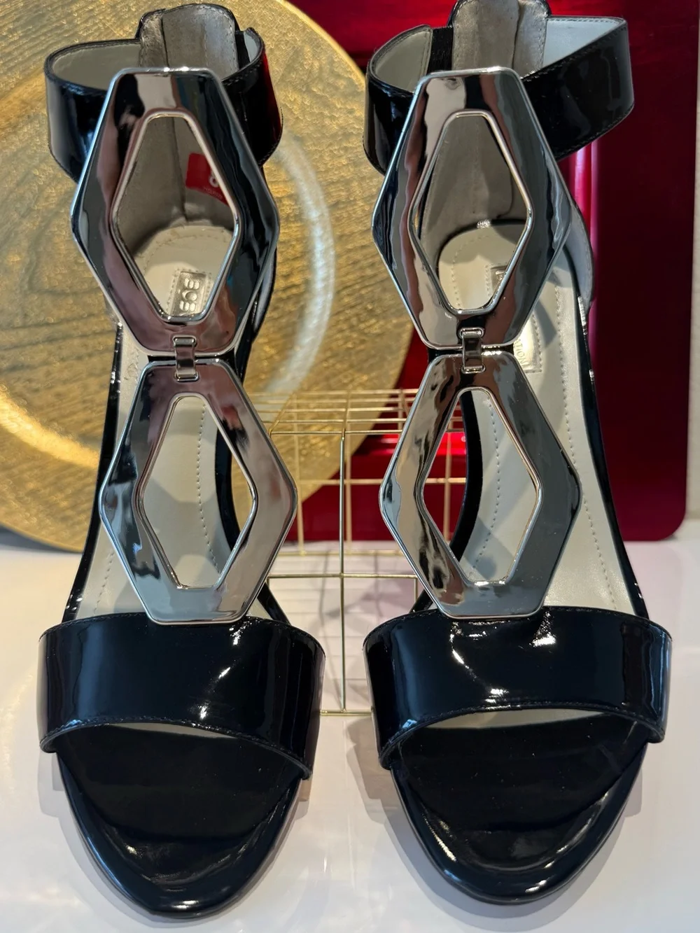 BCBG Black Patent High Heels Stiletto Sandals with Silver Accent BRAND NEW